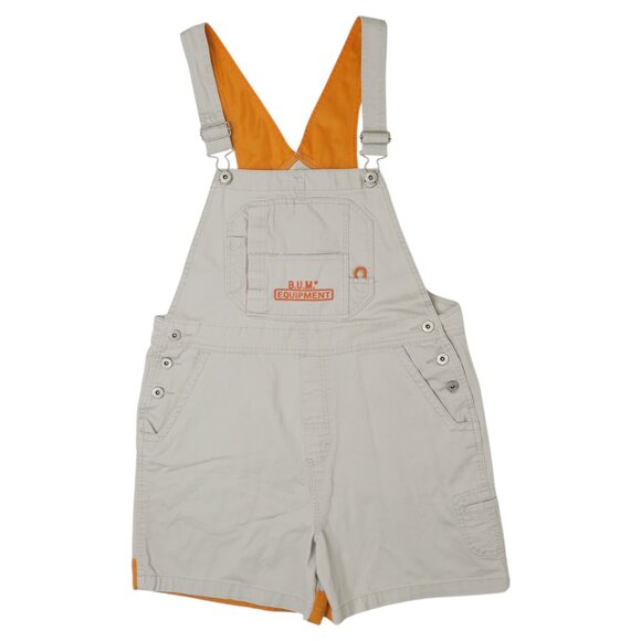 Vintage 90s Bum Equipment Jeans Khaki & Orange Denim Overall Shorts - Picture 1 of 14